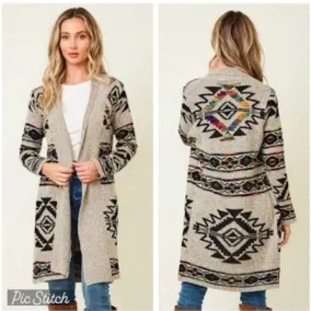 Northern Angel Long Cardigan Sweater Womens Medium Rainbow Aztec Southwestern